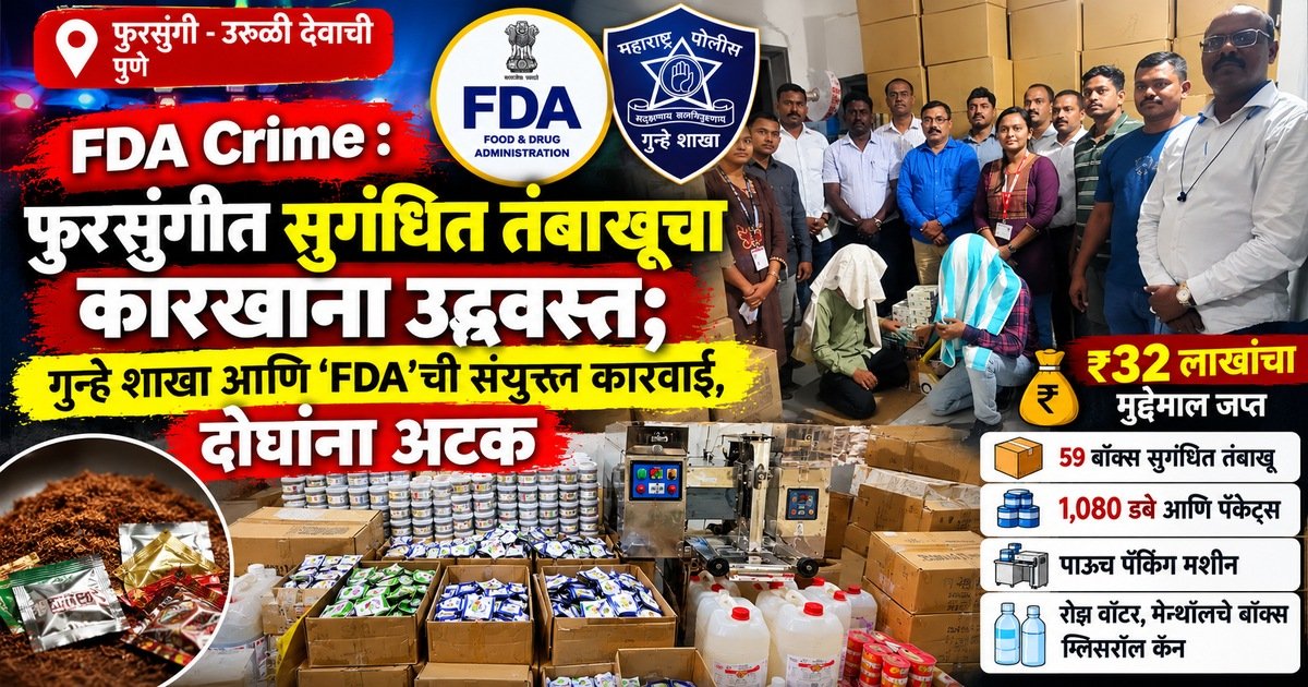 फुरसुंगीमध्ये सुगंधित तंबाखू निर्मितीचा पर्दाफाश; FDA-गुन्हे शाखेचा छापा, ₹32 लाखांचा मुद्देमाल जप्त